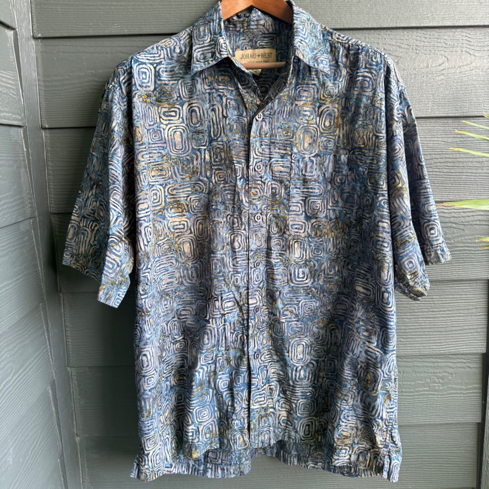 Johari West 100% Cotton Batik Shirt Mens XL Blue Geometric Hawaiian Button Up